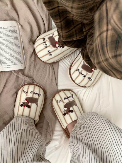 Brown Striped Puppy Couple Plush Slippers