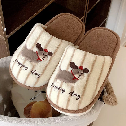 Brown Striped Puppy Couple Plush Slippers