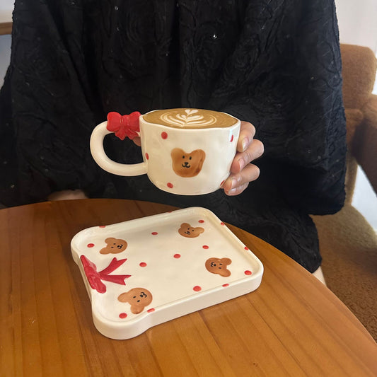 Vintage Hand-Painted Bear Mug & Tray Set with 3D Bow