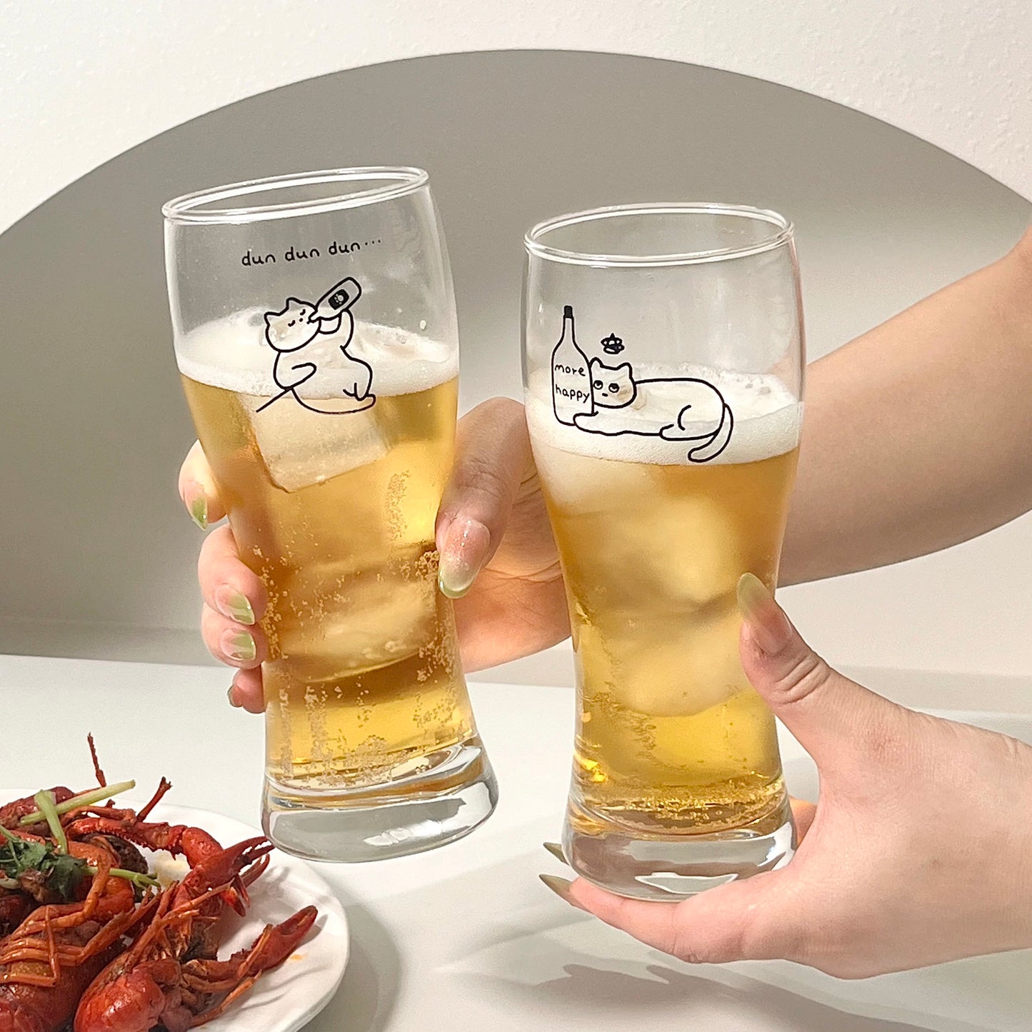 Cute Cat Illustration Large Capacity Beer Glass (Set of 2)