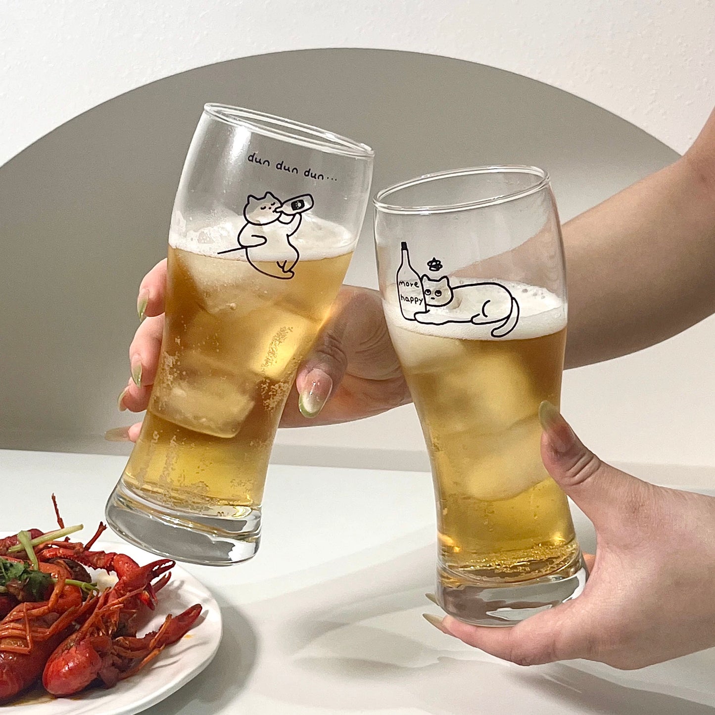 Cute Cat Illustration Large Capacity Beer Glass (Set of 2)