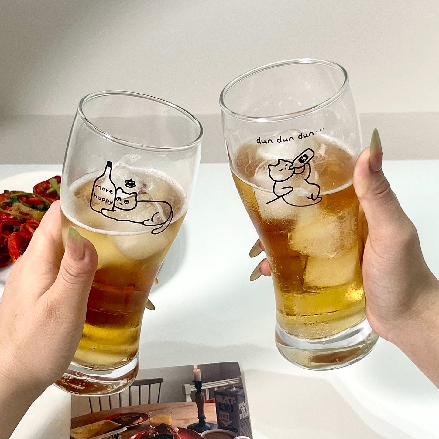 Cute Cat Illustration Large Capacity Beer Glass (Set of 2)