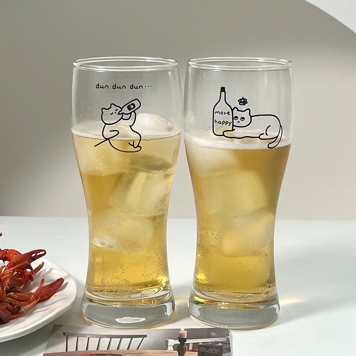 Cute Cat Illustration Large Capacity Beer Glass (Set of 2)