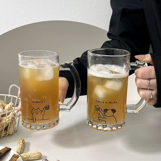 Cute Cat & Dog Illustration Beer Glass with Handle (Set of 2)