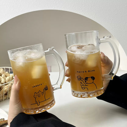 Cute Cat & Dog Illustration Beer Glass with Handle