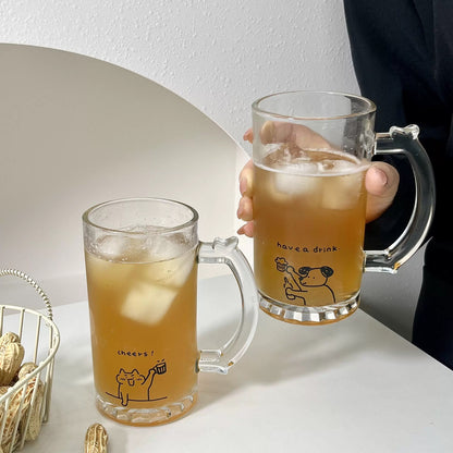 Cute Cat & Dog Illustration Beer Glass with Handle