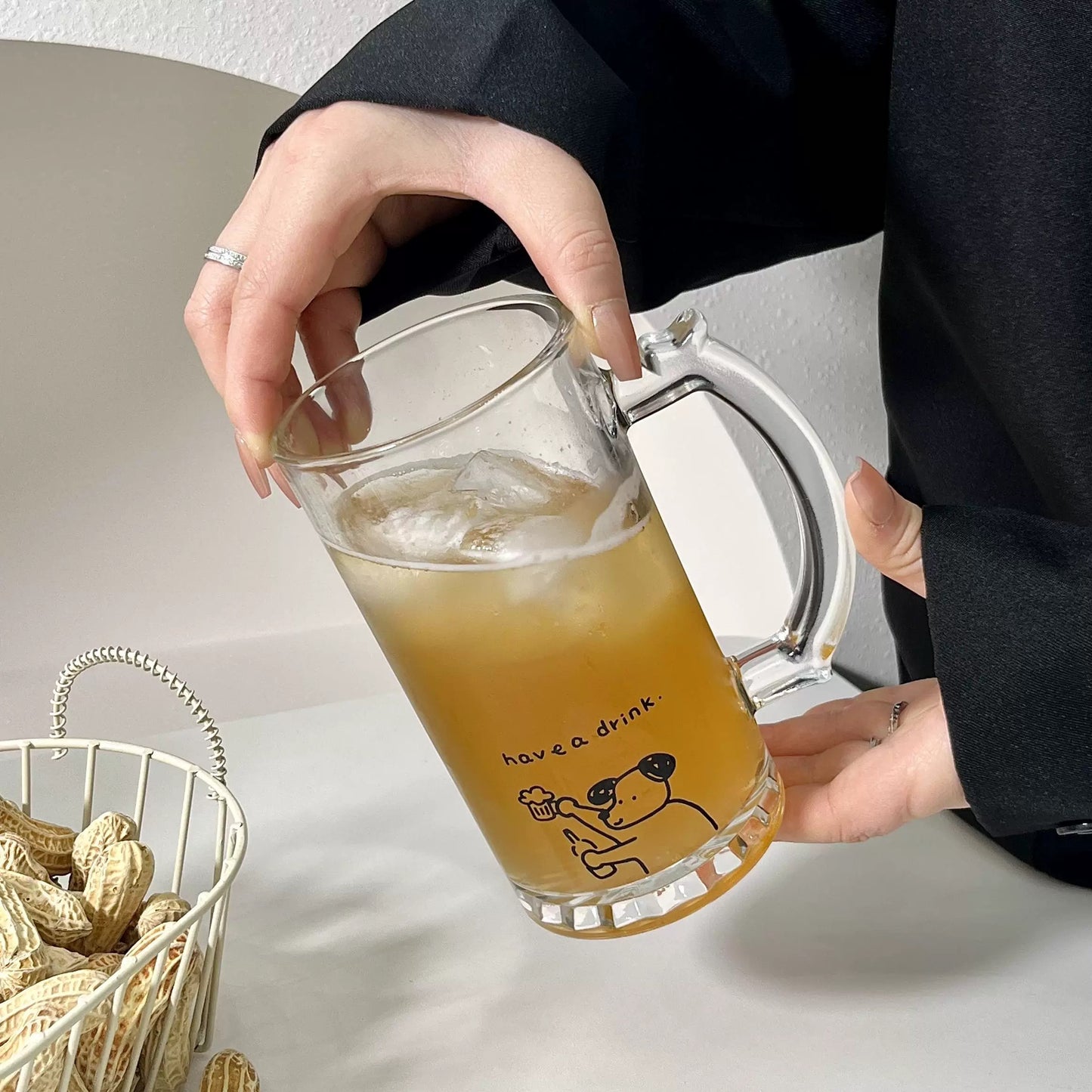 Cute Cat & Dog Illustration Beer Glass with Handle