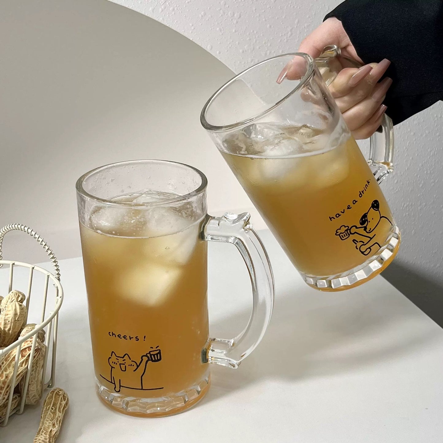 Cute Cat & Dog Illustration Beer Glass with Handle
