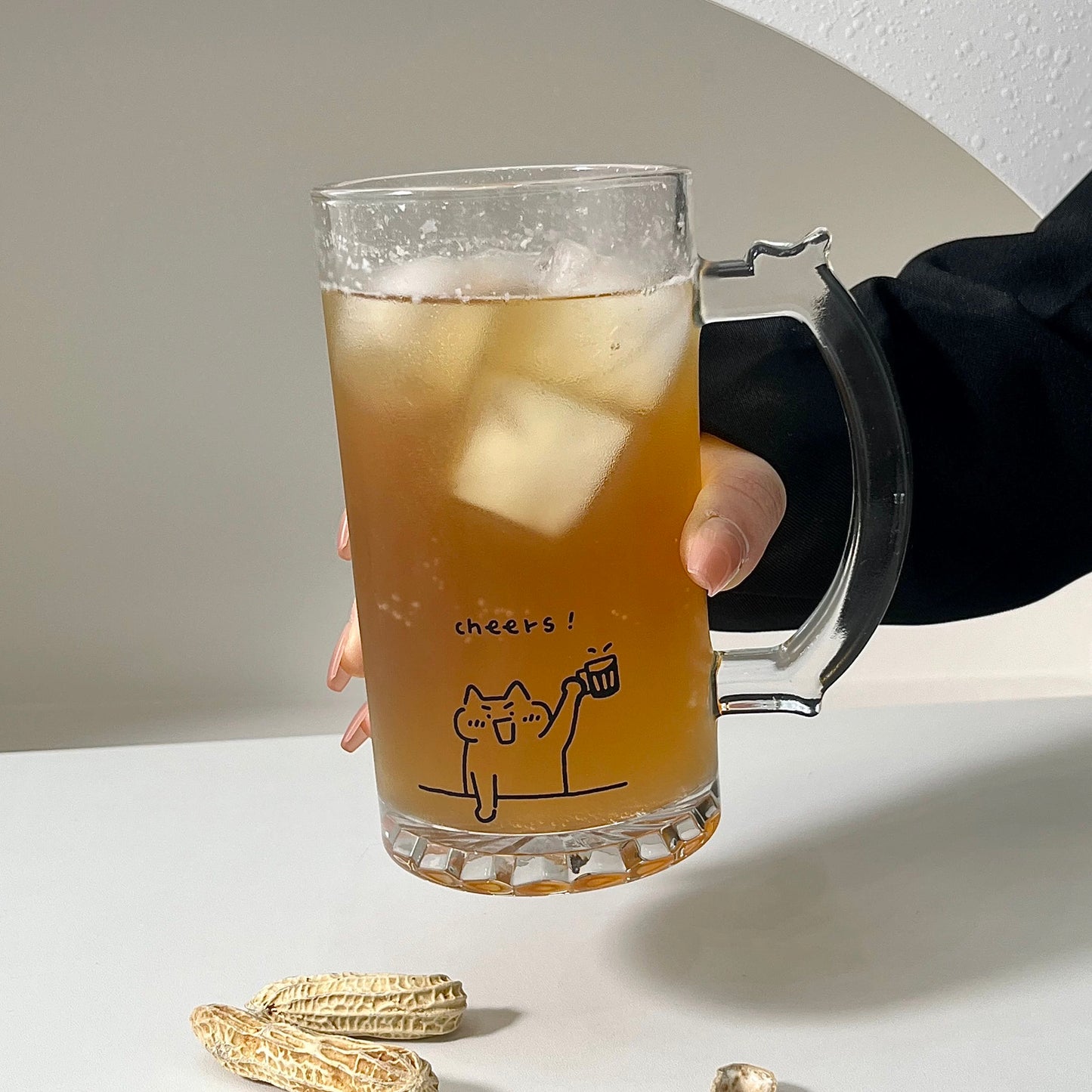 Cute Cat & Dog Illustration Beer Glass with Handle