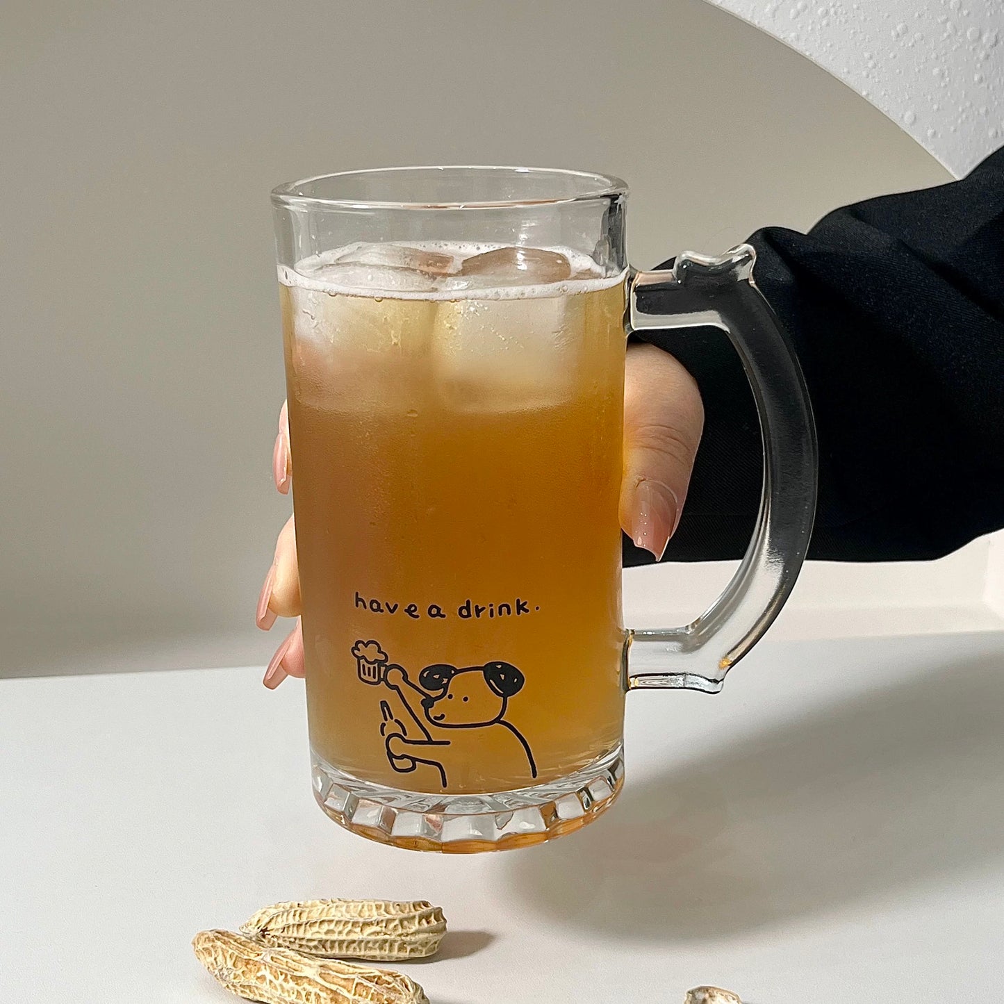 Cute Cat & Dog Illustration Beer Glass with Handle