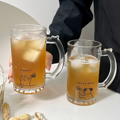Cute Cat & Dog Illustration Beer Glass with Handle