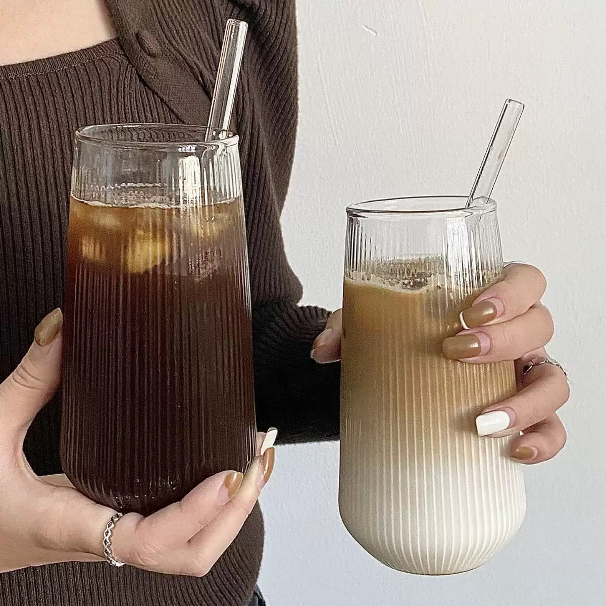 Ribbed Large-Capacity Teardrop Glass Cup (Straw Not Included)