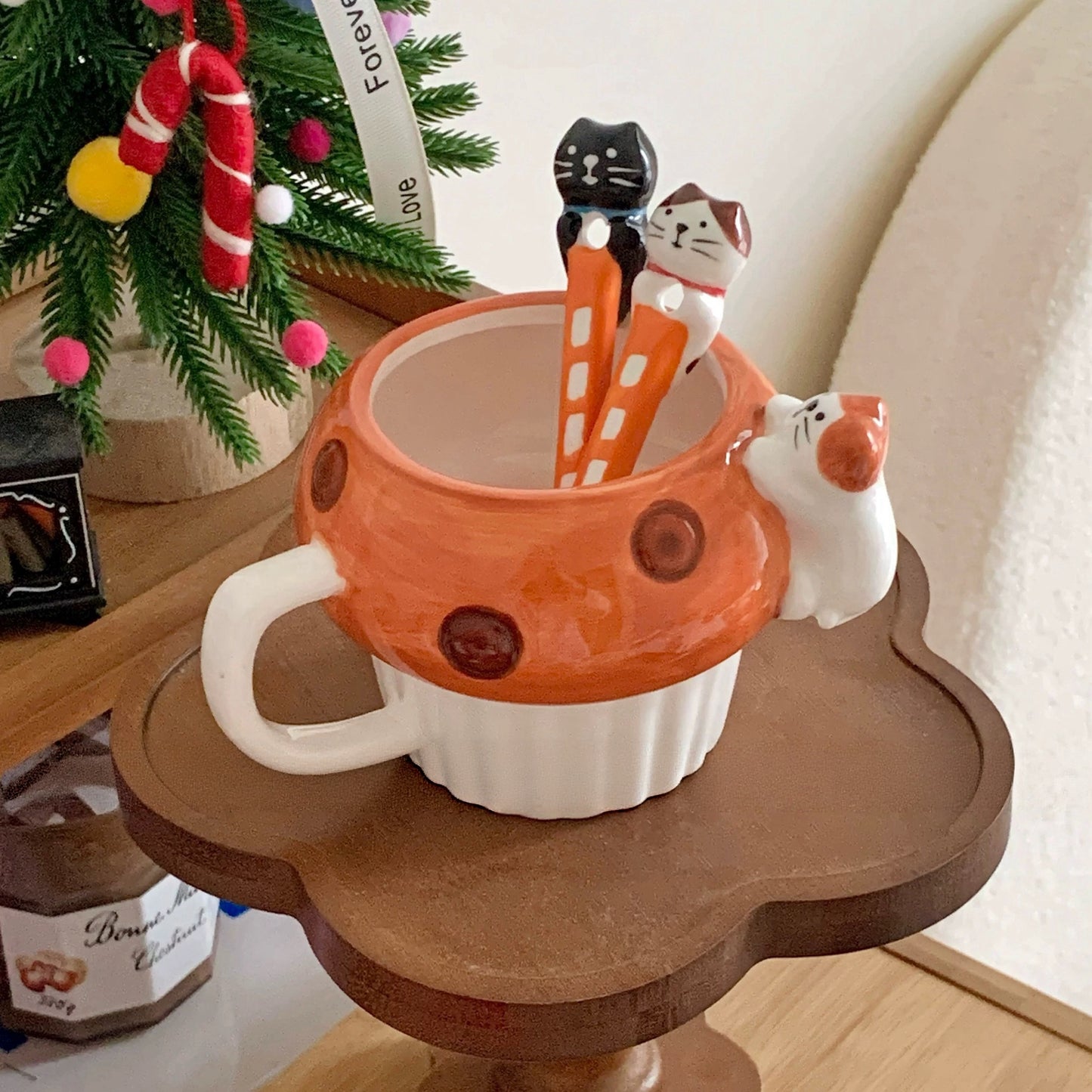 Japanese Style Bread-Shaped Cat Ceramic Mug with 3D Cat Spoon