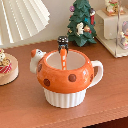 Japanese Style Bread-Shaped Cat Ceramic Mug with 3D Cat Spoon
