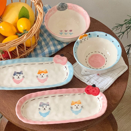 Japanese Vintage Hand-Painted Cat Bowl & Plate Set