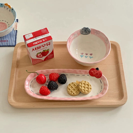 Japanese Vintage Hand-Painted Cat Bowl & Plate Set