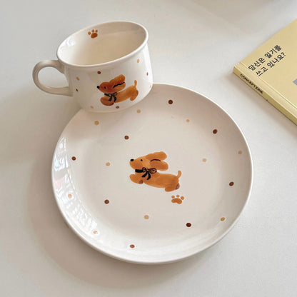 Korean Style Hand-Painted Dog/Cat Ceramic Mug & Plate Set