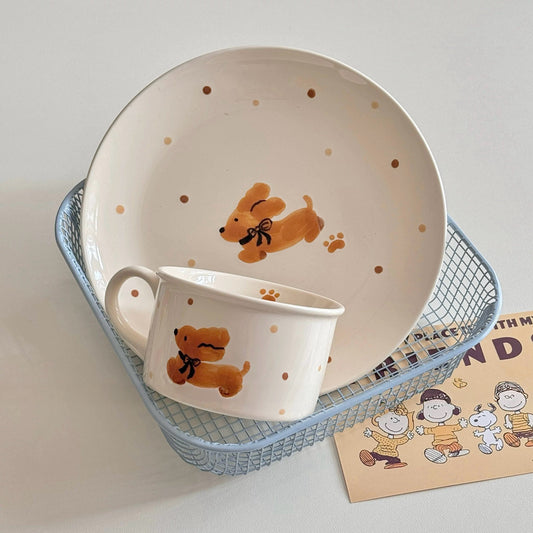 Korean Style Hand-Painted Dog/Cat Ceramic Mug & Plate Set