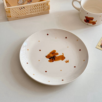 Korean Style Hand-Painted Dog/Cat Ceramic Mug & Plate Set