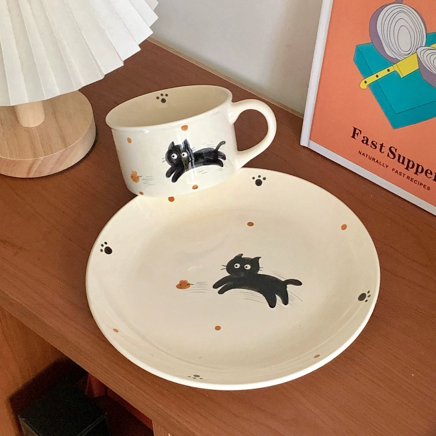 Korean Style Hand-Painted Dog/Cat Ceramic Mug & Plate Set
