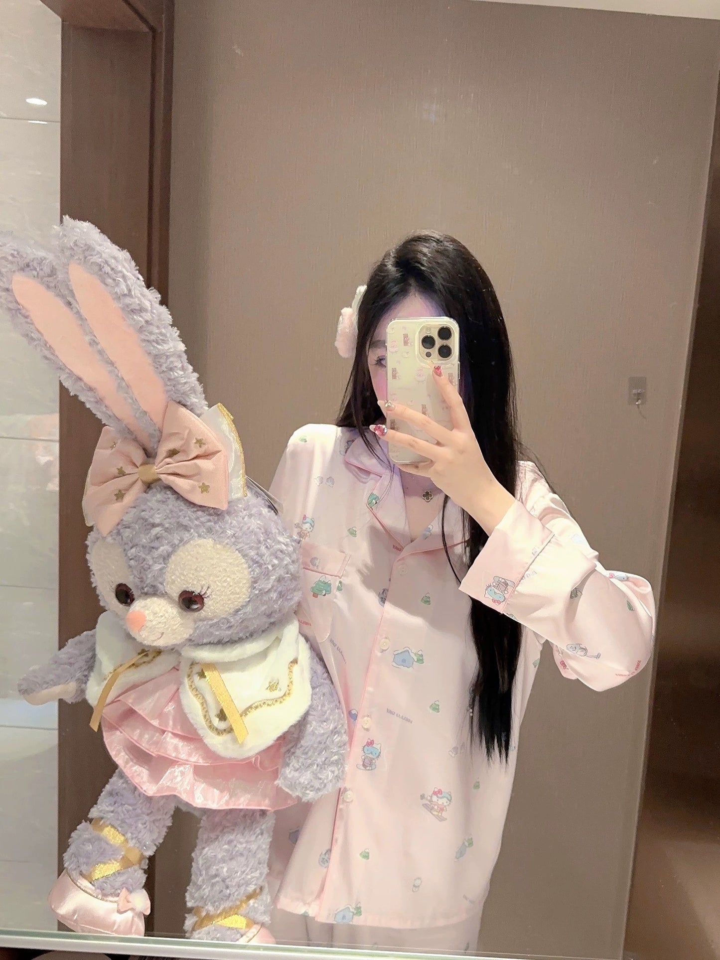 Hello Kitty Pink Rhinestone Long-Sleeve Silk Pajama Set