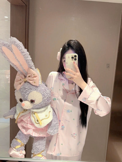 Hello Kitty Pink Rhinestone Long-Sleeve Silk Pajama Set