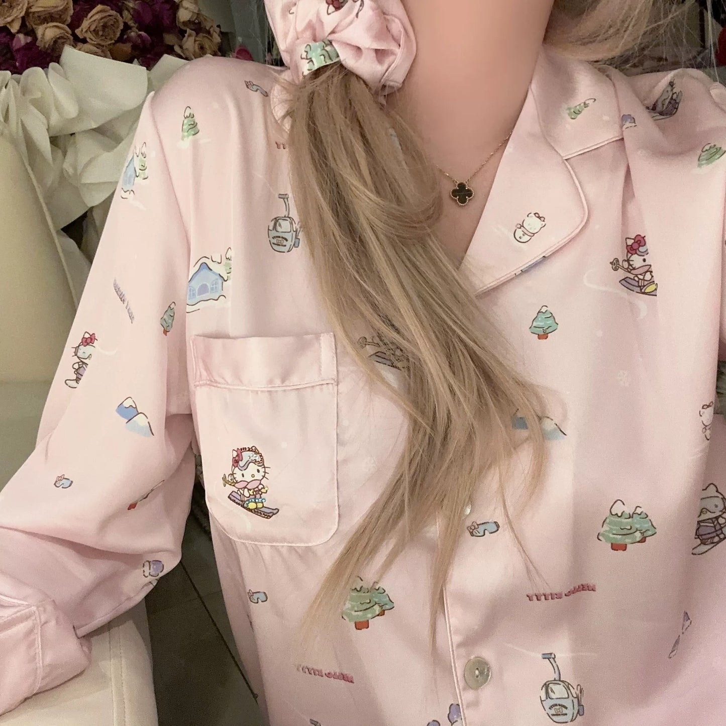 Hello Kitty Pink Rhinestone Long-Sleeve Silk Pajama Set