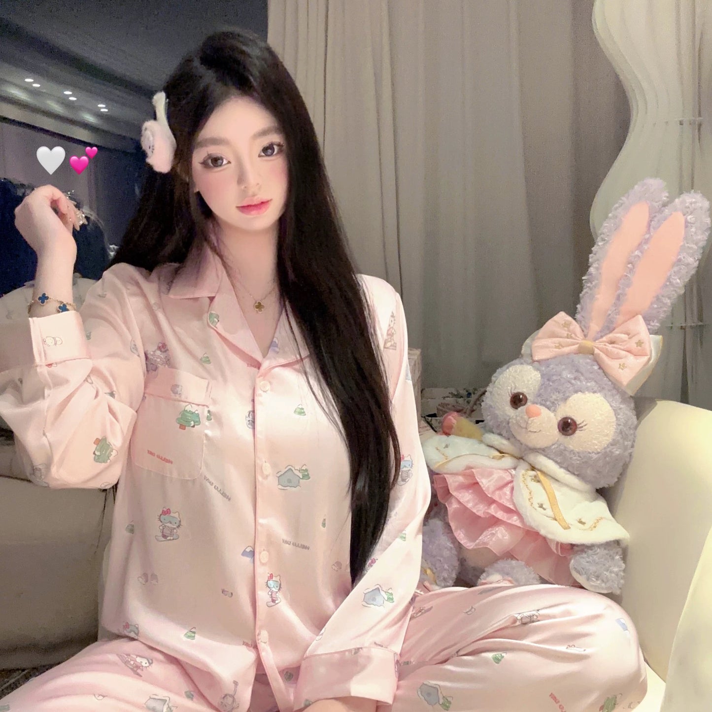 Hello Kitty Pink Rhinestone Long-Sleeve Silk Pajama Set