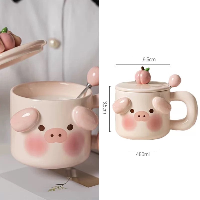 Cartoon Animal Ceramic Mug with Lid & Spoon