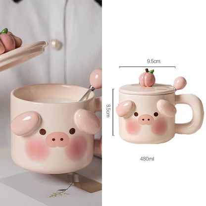 Cartoon Animal Ceramic Mug with Lid & Spoon