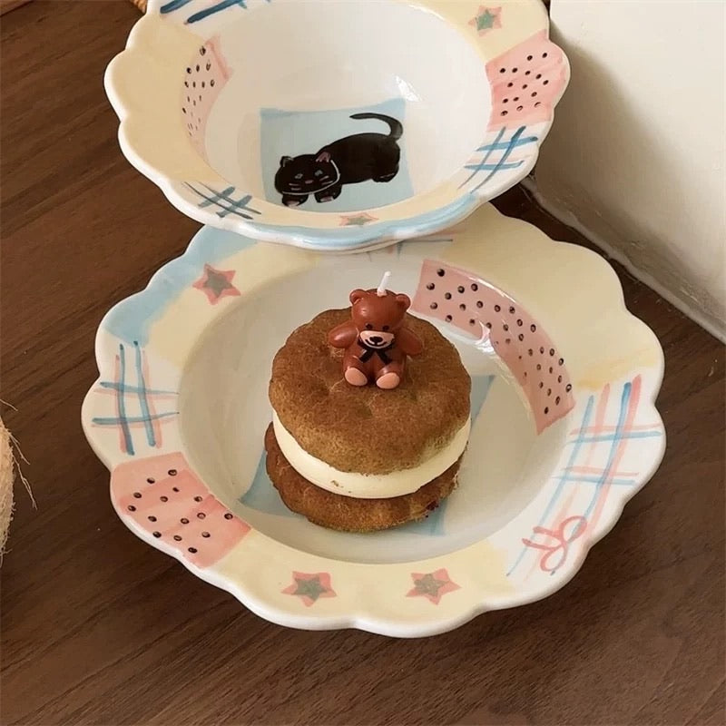 Hand-Painted Black Cat Scalloped Plate