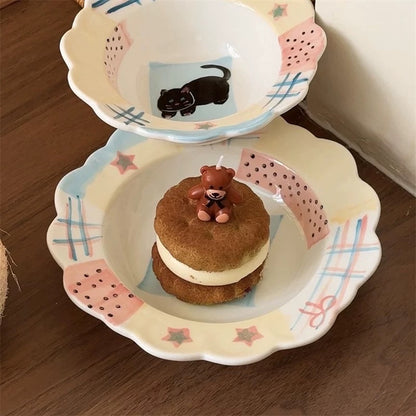Hand-Painted Black Cat Scalloped Plate