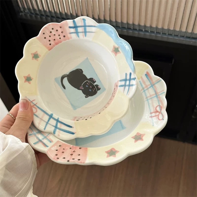 Hand-Painted Black Cat Scalloped Plate