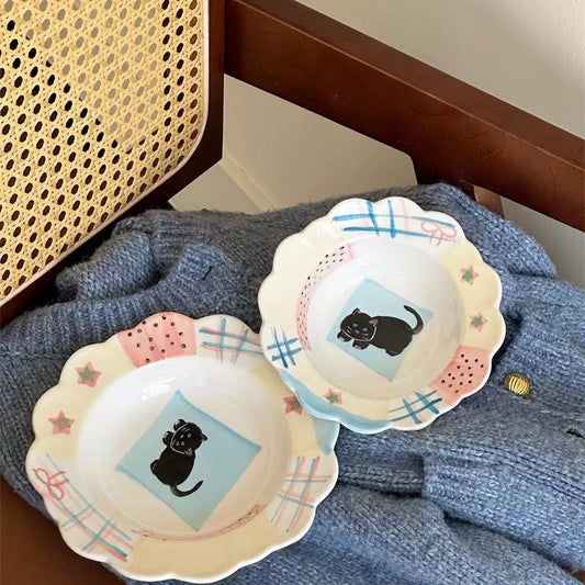 Hand-Painted Black Cat Scalloped Plate