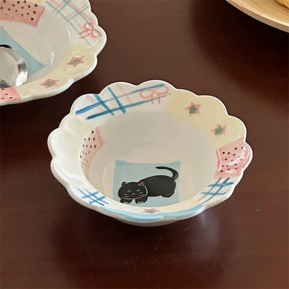 Hand-Painted Black Cat Scalloped Plate