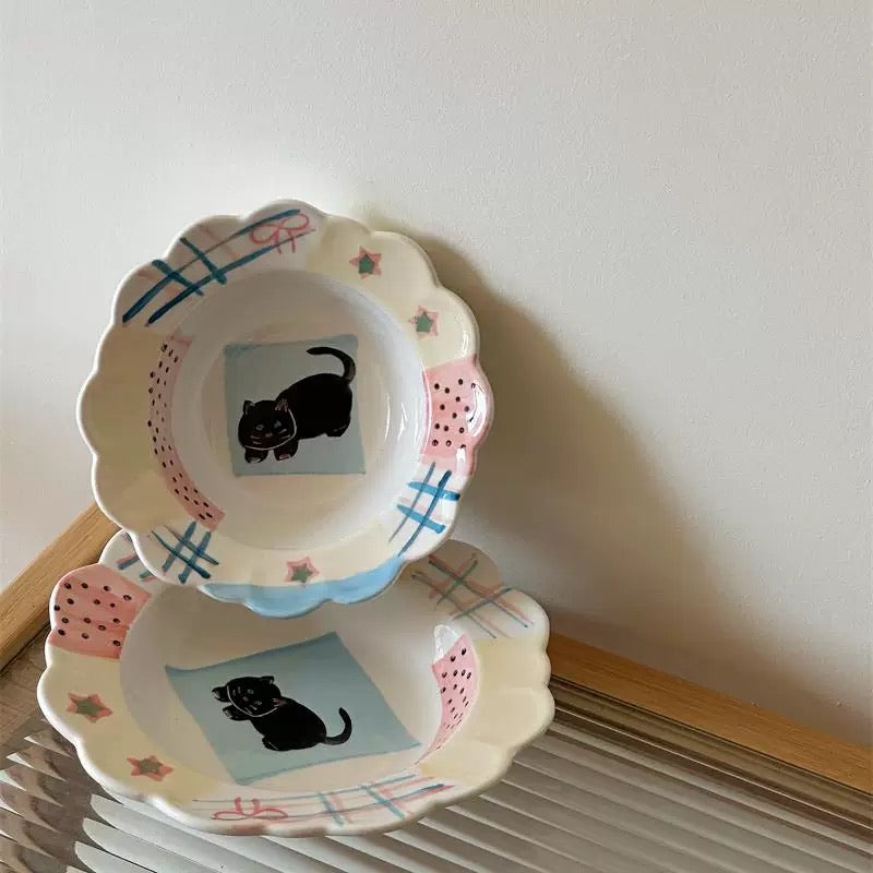 Hand-Painted Black Cat Scalloped Plate