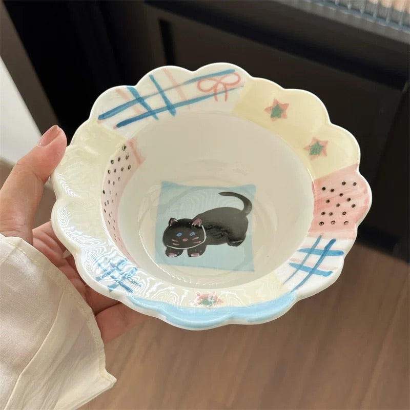 Hand-Painted Black Cat Scalloped Plate
