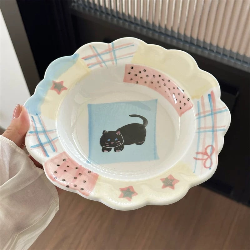 Hand-Painted Black Cat Scalloped Plate