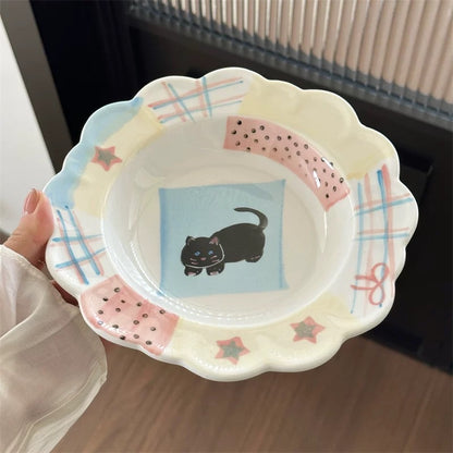 Hand-Painted Black Cat Scalloped Plate