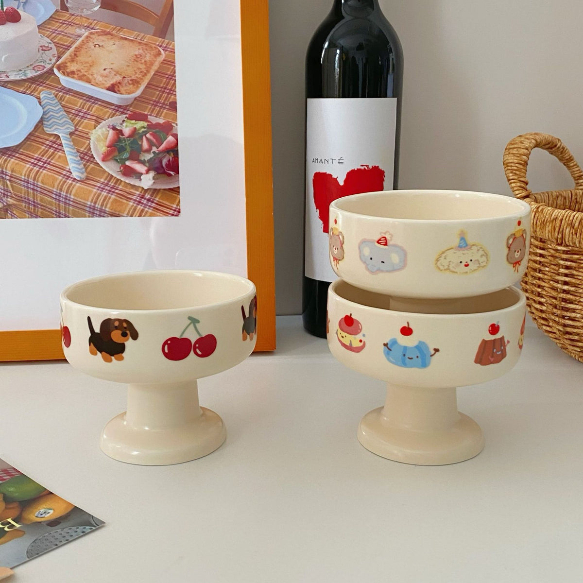 Creamy-style Cute Cartoon Ceramic Pedestal Cup