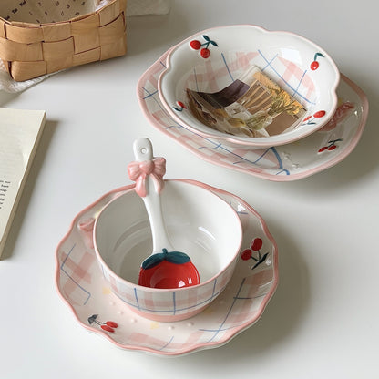 Cherry Gingham Ceramic Bowl and Spoon Set