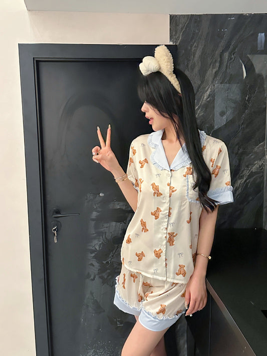 Cute Teddy Bear Short-Sleeve Silk Pajama Set