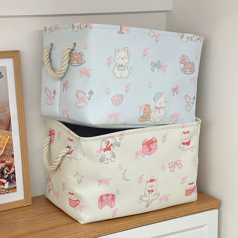 Cute Cartoon Puppy & Kitty Printed Storage Basket