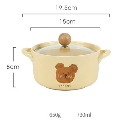 NoEmo Teddy Bear Expression Ceramic Noodle Bowl (with Glass Lid）