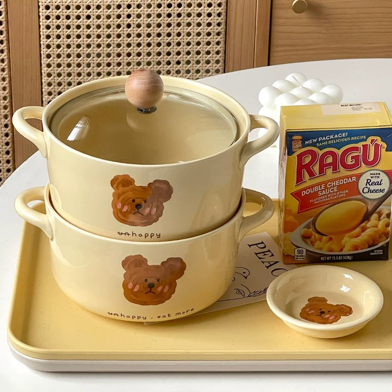 NoEmo Teddy Bear Expression Ceramic Noodle Bowl (with Glass Lid）