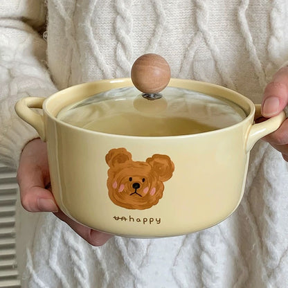 NoEmo Teddy Bear Expression Ceramic Noodle Bowl (with Glass Lid）