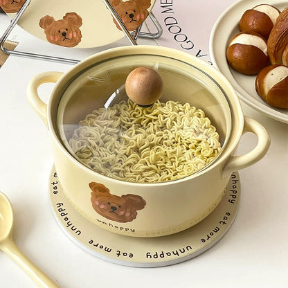 NoEmo Teddy Bear Expression Ceramic Noodle Bowl (with Glass Lid）