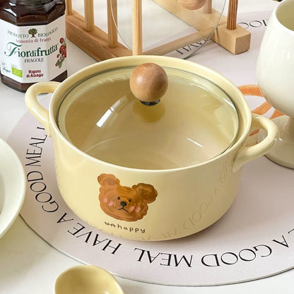 NoEmo Teddy Bear Expression Ceramic Noodle Bowl (with Glass Lid）