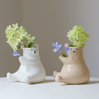 White Ceramic Bear Vase Desktop Decoration