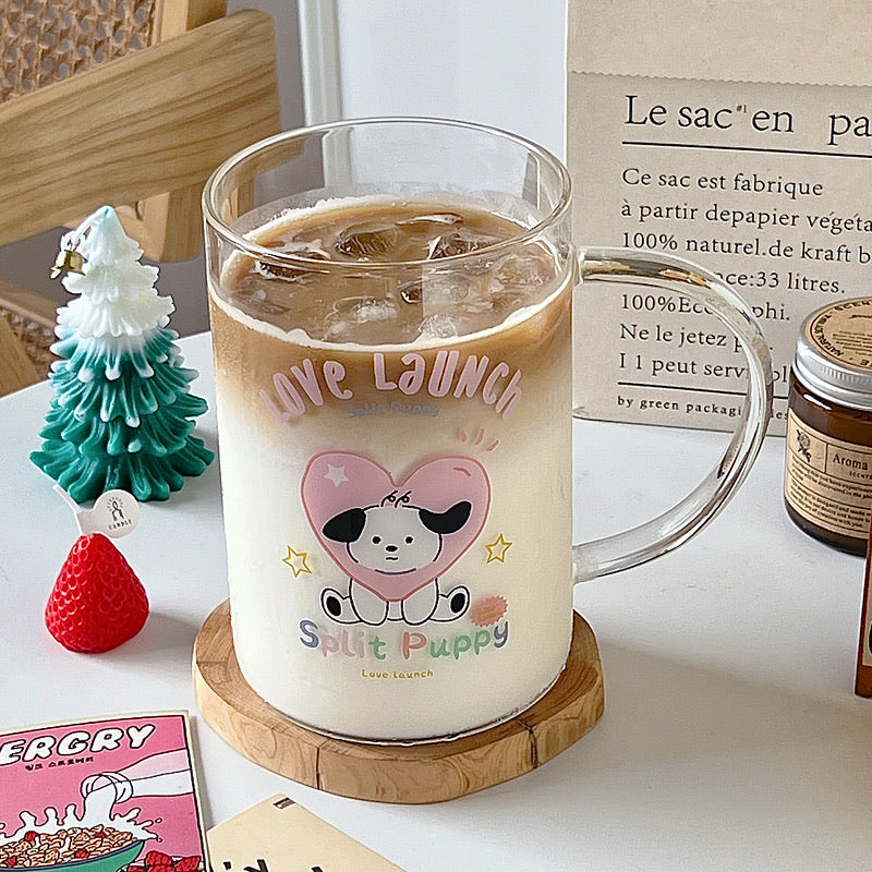 Extra-Large Cute Puppy Pattern Glass Mug With Straw